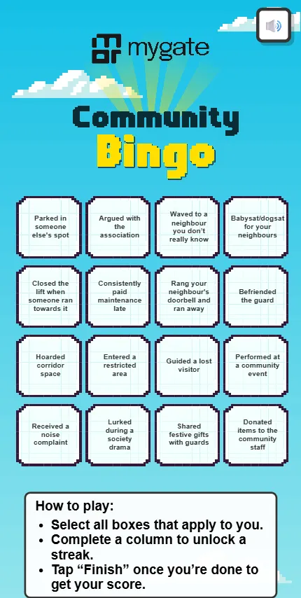 The bingo card, a four by four grid of society moments such as "Parked in someone else's spot", "Befriended the guard" and "Shared festive gifts with guards", above how-to-play instructions.